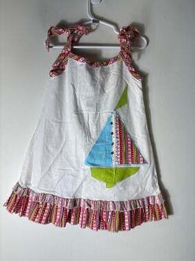 Girls vintage La Jenns White Linen Sleeveless Tie Strap Dress Saiboat App Sz 4T